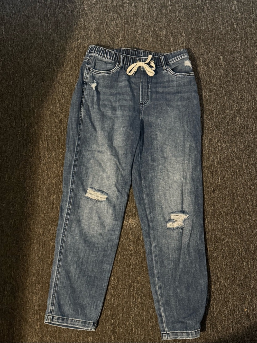 aerie Distressed Medium Blue Boyfriend Jeans with Drawstring